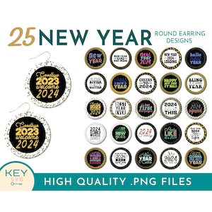 25 Boucles d'oreilles rondes à sublimation Happy New Year 2024 png, 2024 png, Nouvel An png, Sublimation de boucles d'oreilles png, Lot de boucles d'oreilles png, Sublimer png