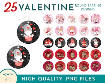 Valentine's Gnomes Round Earrings Png, Valentines Gnome Png, Round Earring, Sublimation Earrings Png, Earring Bundle Png, Sublimate Earring
