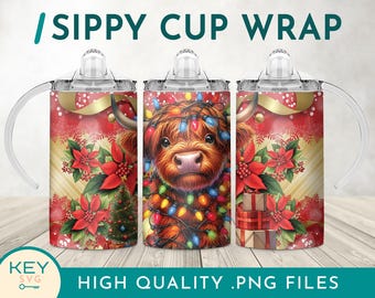 Highland Cow Christmas Sippy Cup png, kerstverlichting kinder 12oz beker wrap, Sippy Cup sublimatieontwerpen, Highland Cow png