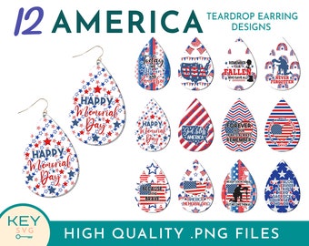 May include: Twelve teardrop-shaped earring designs featuring patriotic American themes. The designs include stars, stripes, flags, and text such as "Happy Memorial Day", "God Bless America", and "Forever in Our Hearts Always Remember".