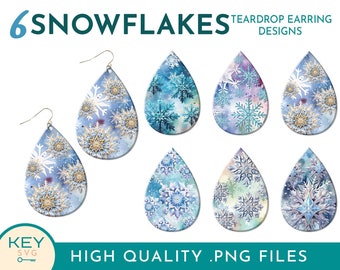 Snowflake Teardrop Sublimation Earring Png, Christmas Sparkle Earrings Png, Holiday Earring Template, Winter Earring Bundle,  Snowflake Png