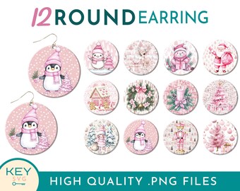 Pink Merry Christmas Round Earrings Png, Cute Car Coaster, Christmas Ornament png, Sublimation Earrings Png, Earring Bundle Png, Sublimate
