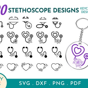 May include: 20 Stethoscope Designs Keychain Designs SVG DXF PNG PDF. A set of 20 black and white stethoscope designs, including a heart-shaped stethoscope with flowers, a stethoscope with a nameplate, and a stethoscope with a circle around it. The designs are perfect for creating keychains, stickers, or other crafts.