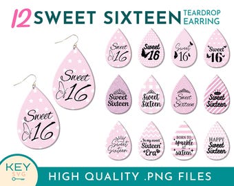 Sweet 16 druppeloorbel png, Sweet Sixteen png-sublimatieoorbelontwerpen, feestartikelen png, feestvarken png, sublimatieoorbellen