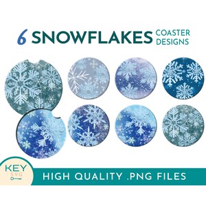 May include: Six snowflake designs for coasters. The designs feature blue and white snowflakes on a blue, white, or green background. The text "6 SNOWFLAKES COASTER DESIGNS" is at the top of the image. The text "HIGH QUALITY .PNG FILES" is at the bottom of the image.