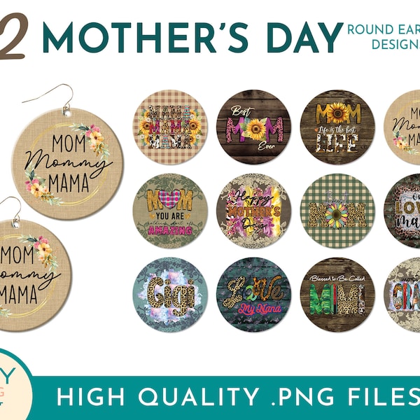 Country Western Mothers Day Round Earring Png, Animal Print Mother's Day Round Earrings Design Png, Plaid Sublimation Earring Designs