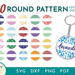 Op de afbeelding: Twintig ronde patronen voor sleutelhangerontwerpen. De patronen omvatten geometrische vormen, harten, strepen en bloemmotieven. De patronen zijn in verschillende kleuren, waaronder rood, blauw, groen, geel en paars. De patronen worden weergegeven op een witte achtergrond. De tekst "KEYCHAIN DESIGNS" staat in de rechterbovenhoek van de afbeelding. De tekst "SVG. DXF. PNG. PDF" staat in de rechterbenedenhoek van de afbeelding.