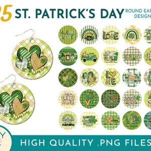 May include: 25 St. Patrick's Day round earring designs. The designs feature green, gold, and white plaid patterns with shamrocks, hearts, and other St. Patrick's Day themed imagery.