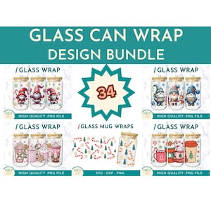 May include: A digital design bundle of 34 Christmas-themed glass can and mug wraps. The designs feature gnomes, candy canes, and wintery scenes. The designs are available in PNG and SVG formats.