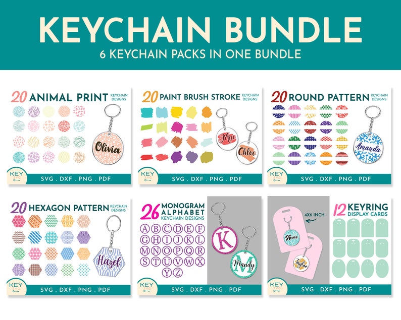 May include: A digital download bundle of 20 animal print, 20 paint brush stroke, 20 round pattern, 20 hexagon pattern, 26 monogram alphabet, and 12 keyring display card keychain designs. The designs are colourful and feature various patterns and shapes.