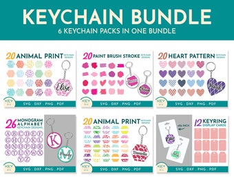 May include: A digital download bundle of 6 keychain packs with 20 different designs each. The designs include animal prints, paint brush strokes, heart patterns, a monogram alphabet, and display cards. The designs are in various colours, including pink, blue, green, yellow, and purple.