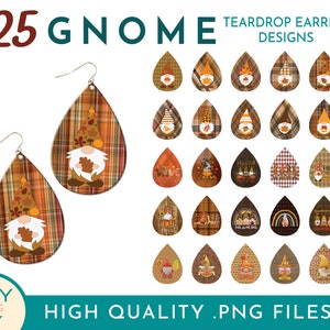 May include: 25 Gnome Teardrop Earring Designs. A set of 25 digital designs featuring gnomes in various fall-themed outfits and patterns. The designs are in the shape of teardrop earrings and are perfect for crafting.