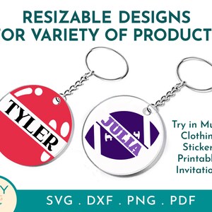 Op de afbeelding: Twee sleutelhangers met aanpasbare ronde labels. E&eacute;n label is rood met witte tekst die "TYLER" zegt. Het andere label is wit met een paars ontwerp en witte tekst die "JULIA" zegt. De tekst "Try in Mugs, Clothing, Stickers, Printables, Invitations" staat onder de sleutelhangers. De tekst "SVG. DXF. PNG. PDF" staat onder de tekst.