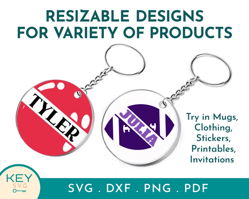 Op de afbeelding: Twee sleutelhangers met aanpasbare ronde labels. E&eacute;n label is rood met witte tekst die "TYLER" zegt. Het andere label is wit met een paars ontwerp en witte tekst die "JULIA" zegt. De tekst "Try in Mugs, Clothing, Stickers, Printables, Invitations" staat onder de sleutelhangers. De tekst "SVG. DXF. PNG. PDF" staat onder de tekst.