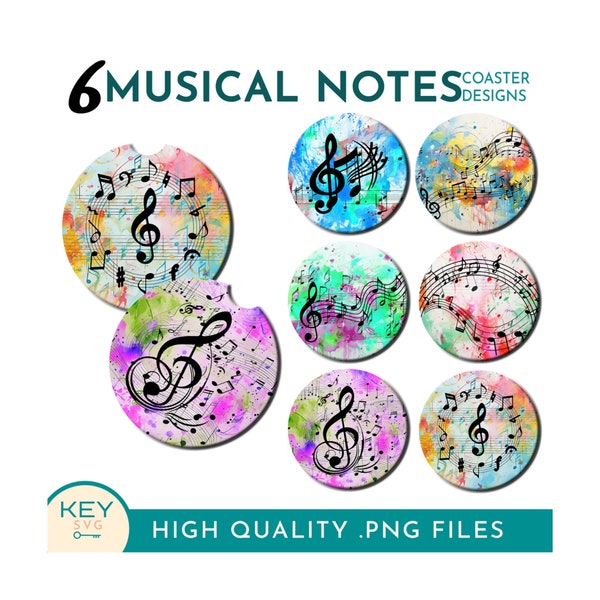 Colorful Music Note Sublimation Car Coaster Png, Musical Drink Coaster Png, Music Teacher Gift, Sublimation Coaster Bundle, Coffee Coasters