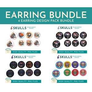 24 Pendientes redondos de sublimación de calaveras y rosas, pendientes de calavera de azúcar, día de muertos png, pendientes de sublimación png, paquete de pendientes png