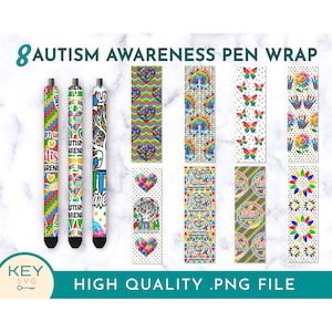 May include: Eight digital pen wrap designs featuring various autism awareness patterns. The designs include puzzle pieces, hearts, rainbows, butterflies, and flowers in a variety of colors. The text "AUTISM AWARENESS PEN WRAP" is at the top of the image.