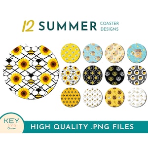 May include: Twelve summer themed coaster designs featuring bees, honeycombs, sunflowers, and jars of honey. The designs are in a variety of colors, including yellow, black, white, and blue.