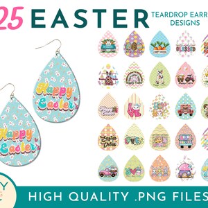 Puede incluir: 25 diseños de pendientes de gota para Pascua. Los pendientes son de varios colores y patrones, incluyendo rosa, azul, amarillo, verde y blanco. Los diseños presentan imágenes con temática de Pascua como conejos, pollitos, huevos y flores.