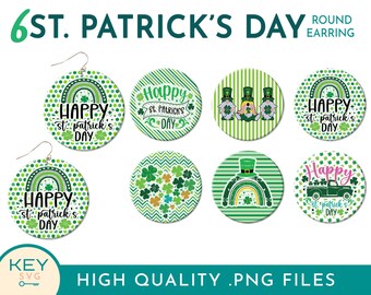 St Patricks ronde oorbellen, Shamrock oorbellen, klaver oorbel, ronde oorbel png, gelukkige kabouters, hart png, gnome sublimatie oorbel ontwerpen