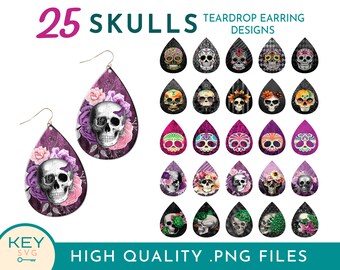 25 Png Skulls And Roses Teardrop Earrings, Sugar Skull Earrings, Day Of The Dead Png, Sublimation Earrings Png, Earring Bundle Png