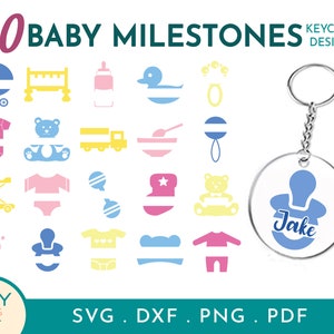 Puede incluir: Un conjunto de 20 iconos de hitos para bebés para crear llaveros. Los iconos incluyen una cuna, un biberón, un pato, un sonajero, un osito de peluche, un camión, un cuenco, un chupete, una huella, un pelele, y más. Los iconos son de varios colores, incluyendo azul, rosa, amarillo y verde. Los iconos son perfectos para crear regalos personalizados para los nuevos padres.
