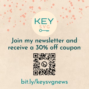 Pode incluir: Um fundo bege com pontos rosa e um c&iacute;rculo branco com o texto "KEY SVG" e um &iacute;cone de chave. O texto "Junte-se &agrave; minha newsletter e receba um cupom de desconto de 30%" est&aacute; em turquesa. Um c&oacute;digo QR com um "b" turquesa no centro est&aacute; abaixo do texto. O texto "bit.ly/keysvgnews" est&aacute; abaixo do c&oacute;digo QR.