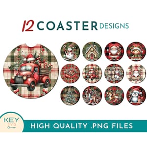 Puede incluir: Doce diseños de posavasos con temática navideña que incluyen un camión rojo, un muñeco de nieve, un pingüino, un reno y otras imágenes festivas. Los posavasos son redondos y tienen un fondo de cuadros rojos y verdes.