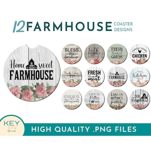 Puede incluir: Doce diseños de posavasos con temática de granja que presentan varios refranes e imágenes, que incluyen "Home sweet farmhouse", "Fresh farm eggs", "Life is better on the farm" y "Our farmhouse".