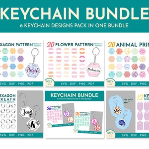 May include: A keychain bundle with six different design packs. The packs include hexagon patterns, flower patterns, animal prints, hexagon wreaths, monogram alphabets, and keyring display cards. Each keychain design is available in SVG, DXF, PNG, and PDF formats.