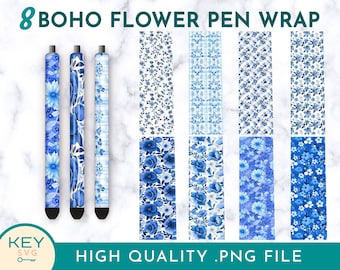 Blue Boho Flowery Pen Wraps Png, Lindo Marcador de Flores Png, Diseños de Sublimación Boho, Conjunto de Marcadores, Diseños Digitales