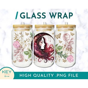 May include: Three glass jars with bamboo lids and a design printed on the front. The design features a woman with long red hair, a crescent moon, and stars. The jars are on a white marble background. The text "GLASS WRAP" is at the top of the image. The text "HIGH QUALITY .PNG FILE" is at the bottom of the image.