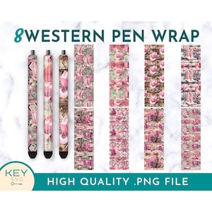 May include: Eight digital pen wraps featuring a western theme with pink cowboy hats, boots, and cacti on a pink and green background.  The text "8 WESTERN PEN WRAP" is at the top of the image.  The text "HIGH QUALITY .PNG FILE" is at the bottom of the image.