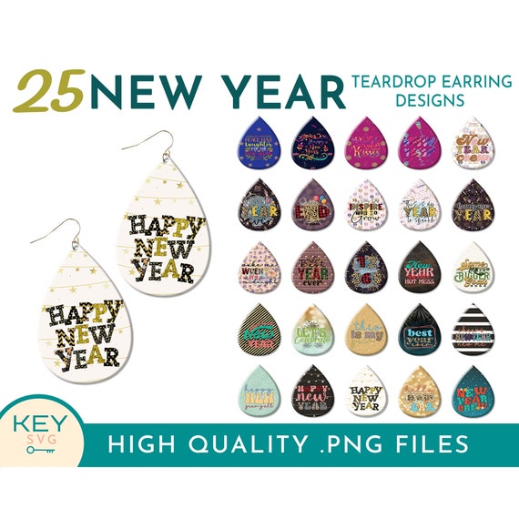 Happy New Year Teardrop Earrings Png, New Year Sublimation Earring Designs, New Years Earring Png, Earring Bundle, Earring Sublimation Png