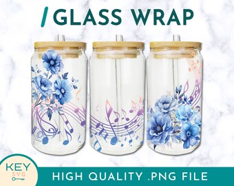 Floral Musical Tumbler Wrap Png Sublimation Glass Can Wraps 16oz / 20oz Png Presized, Musical Notes Png, Cold Cup Wrap, Flower Music Notes