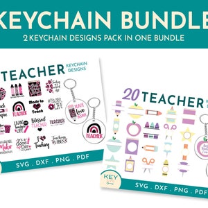May include: A digital download of 20 teacher keychain designs. The designs are in pink, black, white, and rainbow colours. The designs include phrases like "Teach Love Inspire", "Made to Teach", "Blessed Teacher", and "It's a Good Day to Learn".