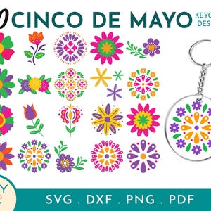 May include: 20 Cinco de Mayo keychain designs featuring colorful floral and geometric patterns. The designs are perfect for creating custom keychains, ornaments, or other crafts.