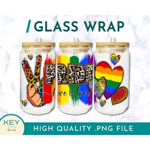 Pride Rainbow Pride Libbey Glass Can Wraps 16oz / 20oz Png Presized, Pride Hearts Sublimation Designs Coffee Cup Png, Hearts Png