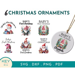 May include: Six Christmas ornament designs featuring a gnome holding a gift in front of a Christmas tree. The ornaments are personalized with the text "Baby's First Christmas" and the name "Elizabeth" and the year "2023".