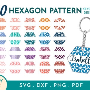 May include: A keychain with a hexagonal design featuring a blue and white floral pattern and the name "Isabella." The image also displays 20 hexagon pattern keychain designs in various colors and patterns. Text includes "20 HEXAGON PATTERN KEYCHAIN DESIGNS" and file type options.