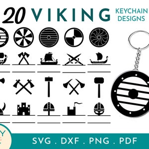 May include: A collection of 20 Viking-themed keychain designs in black and white. The designs include shields, axes, ships, and helmets. A keychain with a shield design is shown on the right. The image also includes the text "KEYCHAIN DESIGNS" and file type options.