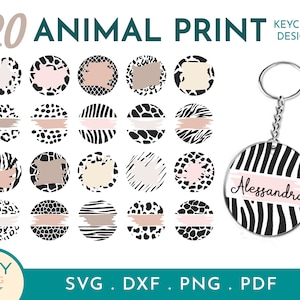 Peut inclure: 20 designs d'impression animale pour porte-clés. Les designs présentent divers imprimés animaliers, notamment le zèbre, le léopard, le guépard et la girafe. Les designs sont en noir, blanc et rose. Le texte "KEYCHAIN DESIGNS" est dans le coin supérieur droit de l'image. Le texte "KEY SVG" est dans le coin inférieur gauche de l'image. Le texte "SVG. DXF. PNG. PDF" est dans le coin inférieur droit de l'image.