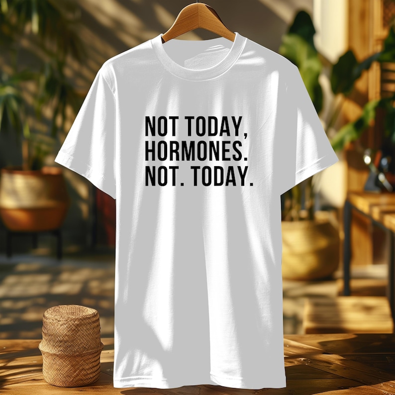 May include: A white t-shirt with the text "NOT TODAY, HORMONES. NOT. TODAY." printed in black. The shirt is hanging on a wooden hanger. The background is blurred, showing a glimpse of a wooden table and plants.