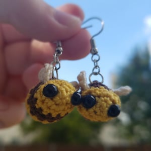 Crochet Honey Bee Earrings Handmade Cotton Plush Dangle Jewelry
