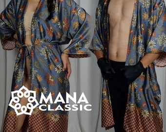 Set Of 2 Silk Gray Robes,Pair Kimonos For Couples,Two Bohemian Silk Robes For Him and Her,Couple Gift,Floral Pajamas Sets For Men and Woman