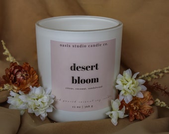 Desert Bloom | Coconut Soy Candle with Zinc + Cotton Double Wicked | 13 oz | 60-70 Hours Burn Time | Non Toxic | Handcrafted | Hand-poured