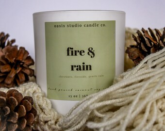 Fire & Rain | Coconut Soy Candle with Zinc + Cotton Double Wicked | 13 oz | 60-70 Hours Burn Time | Non Toxic | Handcrafted | Hand-poured