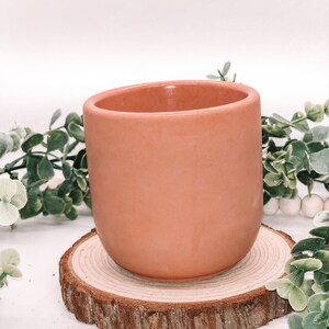 Pode incluir: Um vaso de cer&acirc;mica cor de terracota com formato arredondado. O vaso est&aacute; sobre um porta-copos de fatia de madeira natural. H&aacute; vegeta&ccedil;&atilde;o e contas brancas no fundo. O vaso &eacute; adequado para plantas pequenas.