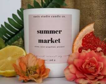 Summer Market | Coconut Soy Candle with Zinc + Cotton Double Wicked | 13 oz | 60-70 Hours Burn Time | Non Toxic | Handcrafted | Hand-poured