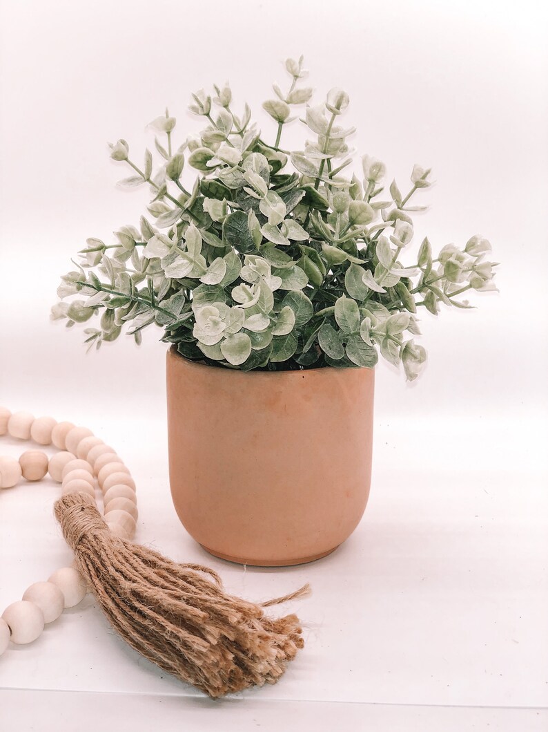 Pode incluir: Uma planta de eucalipto artificial com folhas verdes e brancas num vaso de cer&acirc;mica cor de p&ecirc;ssego. Uma grinalda de contas de madeira com uma borla de juta est&aacute; em primeiro plano. Decora&ccedil;&atilde;o de casa.